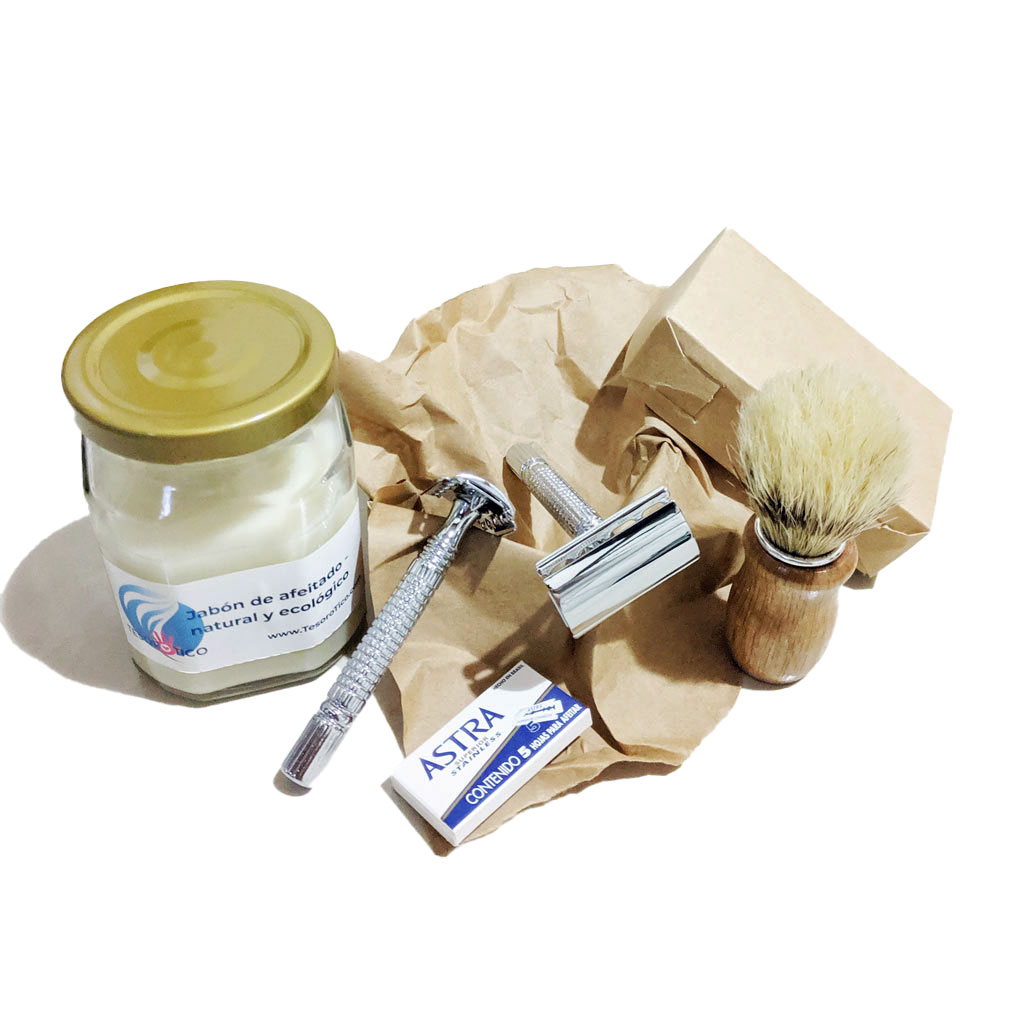Gran kit de afeitar - Mujer y Hombre - Rasuradora Clásica Cuchillas Doble -  5 navajillas - jabón y brocha - Tesoro Tico - Productos Ecológicos y  Sostenibles realmente sin Plástico