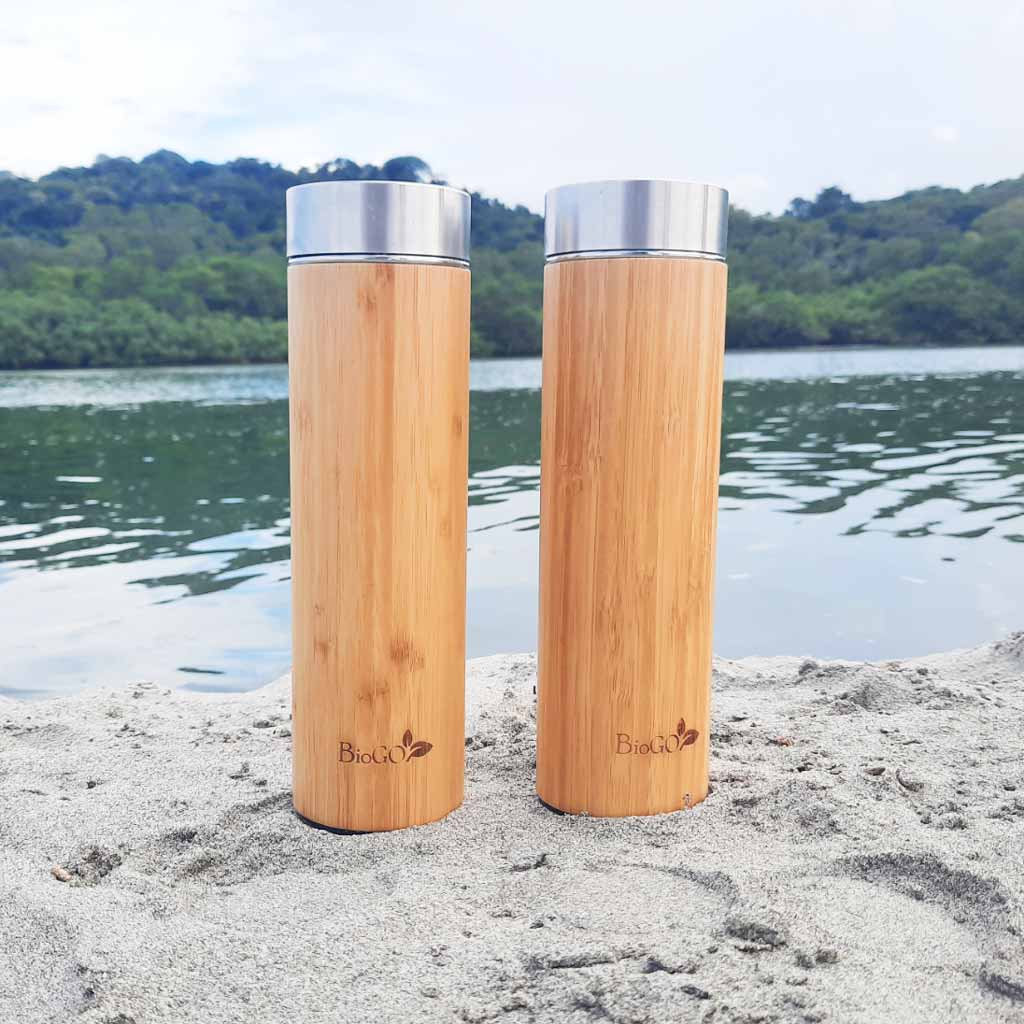 Botella Para Infusiones Agua Y Té Vidrio Templado Bambú Clic